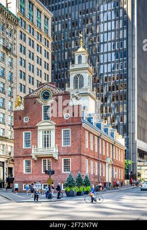 Das Old State House, 206 Washington Street, ist eine Touristenattraktion in der Innenstadt von Boston, Massachusetts. Stockfoto