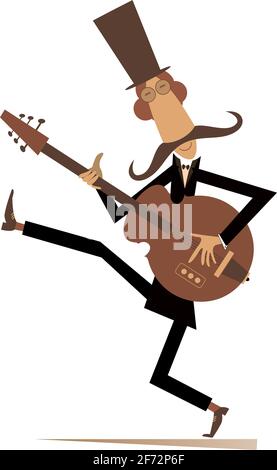 Lustiger junger Mann spielt Gitarre isoliert Illustration. Cartoon-Mann in der Cowboy-Hut spielt Gitarre isoliert auf weiß Stock Vektor