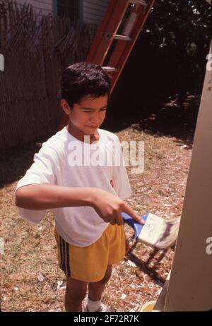 San Antonio., TX USA: Der hispanische Junge malt während einer Freiwilligenarbeit die Außenseite eines Hauses, um einkommensschwachen Bewohnern bei der Verbesserung ihres Wohnhauses zu helfen. Stockfoto