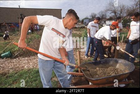 Austin, TX USA: Studenten nutzen Gartengeräte, während sie sich freiwillig für die Sanierung von Gemeinden in einkommensschwachen Wohnvierteln engagieren. ©Bob Daemmrich Stockfoto