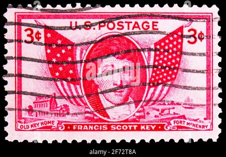 MOSKAU, RUSSLAND - 12. JANUAR 2021: Die in den USA gedruckte Briefmarke zeigt Francis Scott Key und American Flags of 1814 and 1948, Serie, um 19 Stockfoto