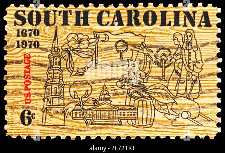 MOSKAU, RUSSLAND - 12. JANUAR 2021: Die in den Vereinigten Staaten gedruckte Briefmarke zeigt Symbole von South Carolina, South Carolina Serie, um 1970 Stockfoto