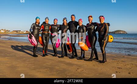 Eine Gruppe wilder Schwimmer posiert für ein Foto am Strand in Milsey Bay, North Berwick, East Lothian, Schottland, Großbritannien Stockfoto