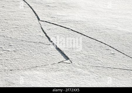 Das Eis des gefrorenen Sees mit weißem Schnee auf der Oberseite ist geknackt. Hintergrund mit Eisstruktur, Nahaufnahme. Stockfoto