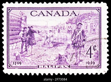 MOSKAU, RUSSLAND - 12. JANUAR 2021: In Kanada gedruckte Briefmarke zur Gründung von Halifax, 1749, zweihundertjähriges Jubiläum von Halifax, Nova Scotia Serie, CI Stockfoto