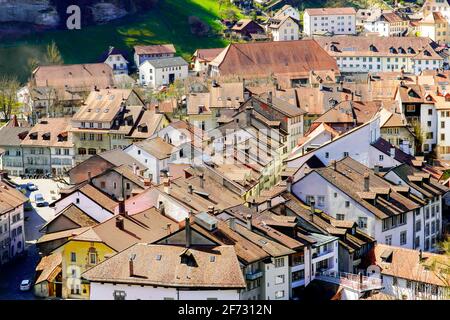 Erhöhte Ansicht des Bezirks Fribourg Auge, Kanton Freiburg, Schweiz. Stockfoto