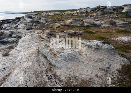 Natürliche Küstensteine und Schiefergestein, Küste des Arktischen Ozeans auf der Halbinsel Varanger, Finnmark, Norwegen Stockfoto