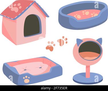 Ein Satz von Betten für ein Haustier, einen Hund oder eine Katze. Flache Vektordarstellung von Waren für Tiere. Objekte isoliert auf weißem Hintergrund, Cartoon-Stil. Violette, rosa, goldene Farben Stock Vektor