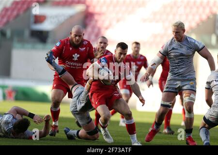 Llanelli, Großbritannien. April 2021. Gareth Davies von den Scarlets macht eine Pause. European Rugby Champions Cup, Runde von 16 Spiel, Scarlets V Sale Sharks im Parc y Scarlets Stadium in Llanelli, South Wales am Sonntag, 4. April 2021. PIC von Andrew Orchard/Andrew Orchard Sports Photography/Alamy Live News Credit: Andrew Orchard Sports Photography/Alamy Live News Stockfoto