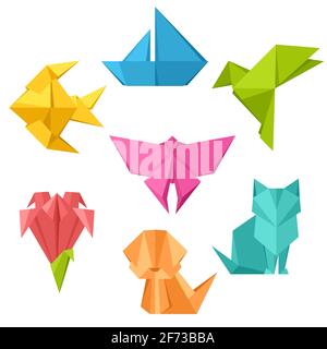 Set von Origami-Spielzeug. Gefaltete Papierobjekte. Stock Vektor