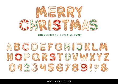 Weihnachten Lebkuchen-Cookies-Alphabet. Biscuit-Buchstaben für Weihnachtsbotschaften und Design. Vektor-Figuren mit Zucker Dekorationen. Stock Vektor