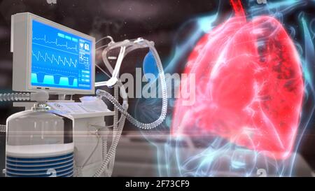 Menschliche Lunge und ITS-Lungenventilator, cg Healthcare 3d-Illustration Stockfoto
