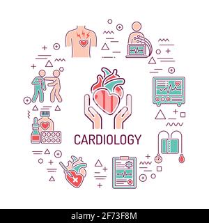 Web-Banner für die Kardiologie. Infografiken mit linearen Symbolen auf weißem Hintergrund. Kreatives Ideenkonzept. Isolierte Farbdarstellung der Umrisse. Vektorgrafik Stock Vektor
