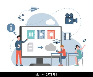 Menschen lernen, wie man Inhalte für Social Media-Vektor-flache Illustration. Mann lehrt Jungen und Mädchen machen Video, Audio-Blogs im Internet. Podcast, Streaming-Service, Blogger Schulkonzept. Stock Vektor
