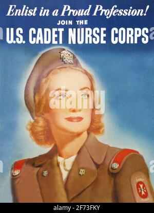 Ein klassisches amerikanisches Plakat zur Rekrutierung des 2. Weltkriegs für den US-Kadetten Nurse Corps Stockfoto