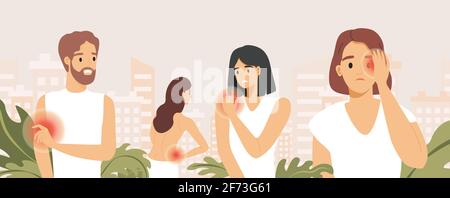 Traurige Menschen, die an Schmerzen in verschiedenen Körperteilen leiden, Vektor-Flat-Illustration. Kopfschmerzen, Schmerzen im Arm, in der Schulter und im unteren Rücken. Körperschmerzen, Schmerzen bei Menschen, Krankheitskonzept. Stock Vektor