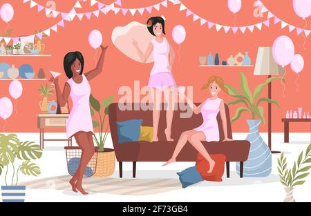 Glückliche Frauen in Nachtkleidung mit Mädchen Nacht zu Hause Vektor flache Illustration. Drei weibliche Charaktere trinken Cocktails und verbringen Zeit zusammen auf der Junggesellinnenparty. Frauen feiern. Stock Vektor