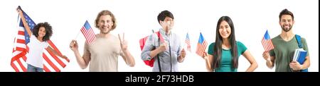 Set von Menschen mit USA-Fahnen auf weißem Hintergrund Stockfoto