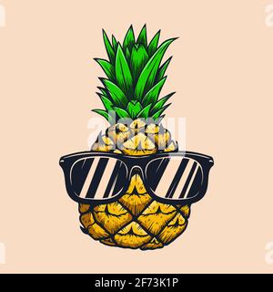 Illustration von Ananas mit Sonnenbrille im Gravurstil. Gestaltungselement für Plakat, Karte, Banner, Schild. Vektorgrafik Stock Vektor