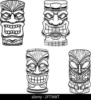 Set mit Illustrationen der Tiki Tribal Holzmaske. Gestaltungselement für Logo, Emblem, Schild, Plakat, Karte, Banner. Vektorgrafik Stock Vektor