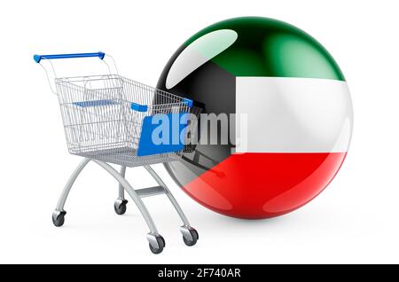 Warenkorb mit kuwaitischer Flagge. Shopping in Kuwait Konzept. 3D-Rendering auf weißem Hintergrund isoliert Stockfoto