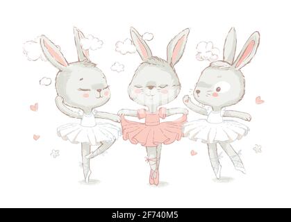 3 Sweet Ballerina bunnys Illustration Vektor für Print-Design und andere Zwecke. Weiße tanzende Kaninchen illuatration. Kann für T-Shirt-Print, Kinder verwendet werden Stock Vektor