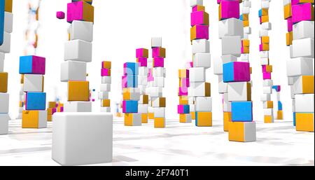 Feld voller Türme aus roten, gelben und blauen unordentlichen Würfel mit kleinen Würfeln, die auf einer weiß karierten Oberfläche mit weißem Hintergrund herumfliegen. 3 Stockfoto