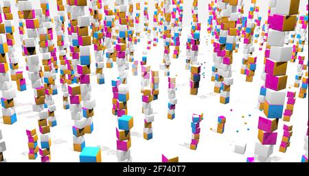 Feld voller Türme aus roten, gelben und blauen unordentlichen Würfel mit kleinen Würfeln, die auf einer weiß karierten Oberfläche mit weißem Hintergrund herumfliegen. 3 Stockfoto