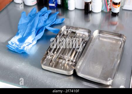 Zahnärztliche Instrumente und medizinische Handschuhe auf dem Tisch Stockfoto