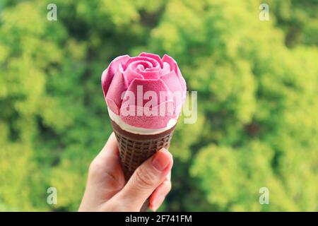 Frauenhand mit einem rosa rosenförmigen Eiskegel Verschwommenes grünes Laub im Hintergrund Stockfoto