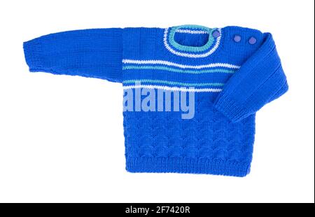 Pullover isoliert auf weißem Hintergrund. Kinder warmer Pullover. Warm blauer Winter-Strickpullover mit Muster. Stockfoto