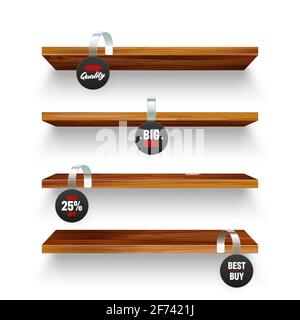 Holzregale und Supermarkt Werbe-Wobbler isoliert auf weißem Hintergrund. Produktregal mit Werbewabbler. Wandregal für Lebensmittel Stock Vektor