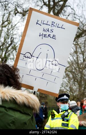 April 2021. National Day of Action gegen den vorgeschlagenen neuen Polizeientwurf, der der Polizei zusätzliche Befugnisse zur Begrenzung der Länge und des Lärms von p geben würde Stockfoto