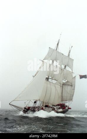 AJAXNETPHOTO. JULI 1990. PLYMOUTH, ENGLAND. - TRAININGSSCHIFF FÄHRT AB - DAS SEA CADET TRAININGSSCHIFF TS ROYALIST BEI SCHWEREM WETTER AUF DER ERSTEN ETAPPE DES TALL SHIPS-RENNENS NACH CORUNA, SPANIEN.FOTO:JONATHAN EASTLAND/AJAX REF:0790 52 Stockfoto