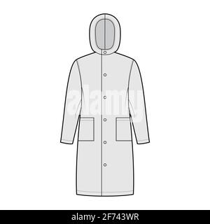 Slickermantel Sou'wester technische Mode-Illustration mit Kapuze, langen Ärmeln, aufgesetzten Taschen, übergroßen Körper, knielang. Flache Jacke Schablone vorne, graue Farbe Stil. Frauen, Männer, Unisex-CAD-Modell Stock Vektor