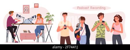 Blogger vlogger Menschen Streaming mit Kamera und Mikrofon, Podcasting für Publikum Stock Vektor