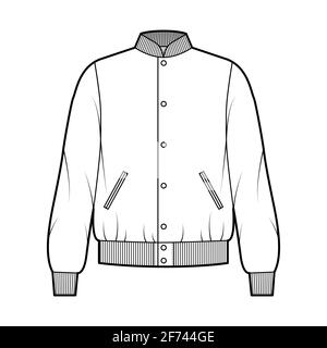 Varsity Bomber Jacke technische Mode Illustration mit Rib Baseballkragen, Manschetten, Paspeltaschen, Knopfverschluss, langen Ärmeln. Flache Mantelschablone vorne, weiß. Damen Herren Unisex TOP CAD Stock Vektor