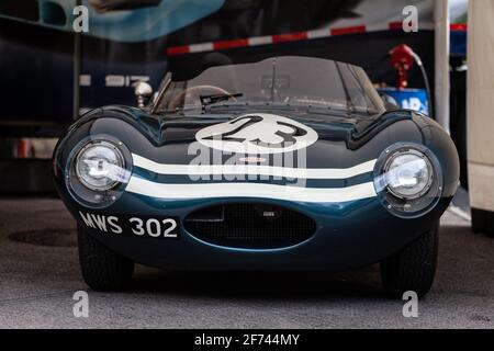 Jaguar D-Type auf der Rennstrecke Mont-Tremblant, im Besitz von Lawrence Stroll, Quebec, Kanada Stockfoto