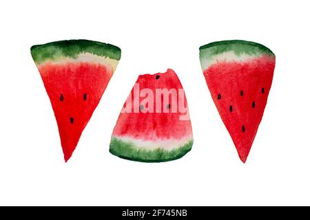 Frische rote Wassermelonenscheiben auf weißem, isoliertem Hintergrund. Aquarelldarstellung. Collage auf weißem Hintergrund Fructs Stockfoto