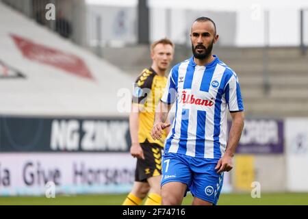 Horsens, Dänemark. April 2021. Issam Jebali (7) von ob beim 3F Superliga-Spiel zwischen AC Horsens und Odense Boldklub in der Casa Arena in Horsens. (Foto: Gonzales Photo/Alamy Live News Stockfoto