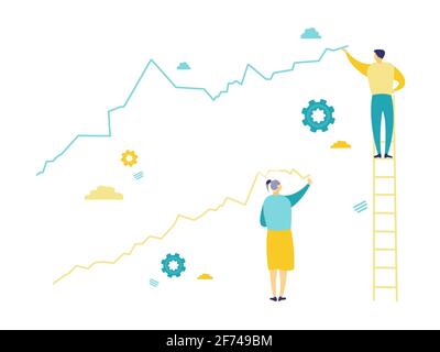 Flache Illustration eines Geschäftsmanns, der auf einer Leiter steht und eine blaue Grafik zeichnet, und einer Frau, die ein gelbes Diagramm zeichnet. Geschäfts- und Finanzkonzepte. Stock Vektor