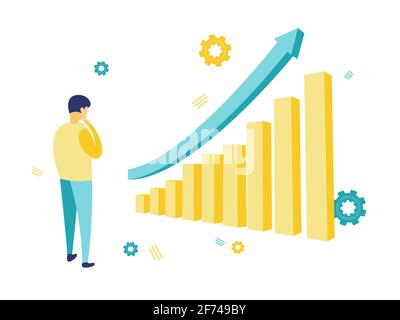 Flache Illustration Geschäftsmann mit Blick auf die Aktienmarkt-Infografik. Erfolgskonzept für Unternehmen. Einfache Darstellung in blau und gelb. Stock Vektor