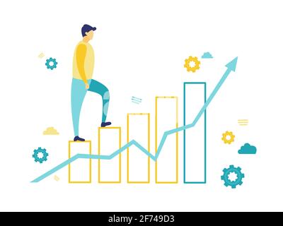 Flache Vektorgrafik, Geschäftsmann läuft auf gelber Karte mit blauem Pfeil. Vision und Geschäftskonzept. Mann tritt vorwärts, um das Ziel zu erreichen. Stock Vektor