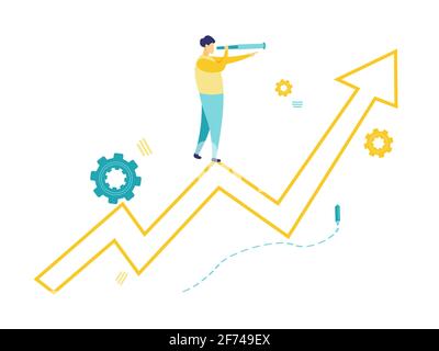 Flache Illustration junger Geschäftsmann mit Teleskop auf gelbem Pfeil auf weißem Hintergrund. Vision und Finanzierungskonzept. Stock Vektor