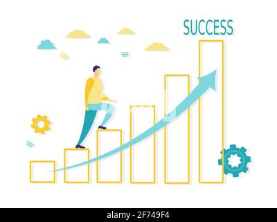 Flache Illustration des Forschungskonzepts mit Geschäftsmann, der auf einem abstrakten gelben Businesschart klettert. Geschäfts- und Finanzkonzepte. Stock Vektor