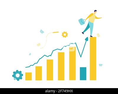 Flache Illustration eines Geschäftskonzepts, ein Geschäftsmann, der eine Tasche trägt und auf einer großen Grafik auf weißem Hintergrund springt. Vision und Finanzierungskonzept. Stock Vektor