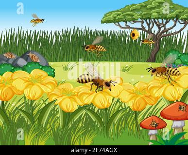 Nahaufnahme Blumen und Blätter Szene mit vielen Bienen Illustration Stock Vektor