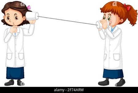 Zwei Wissenschaftler Mädchen Karikatur Charakter String Telefon Experiment Illustration Stock Vektor