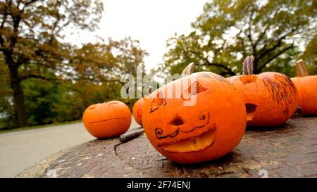 Gruselige, aber komische Halloween Jack-o'-Laternen Kürbisse im Freien Stockfoto