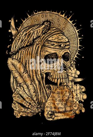 Schwarz-goldene Illustration mit menschlichem Schädel mit Dornenkrone, in Mönchskleie mit Manuskript und Federkiel. Mystischer Hintergrund für Halloween, esote Stockfoto